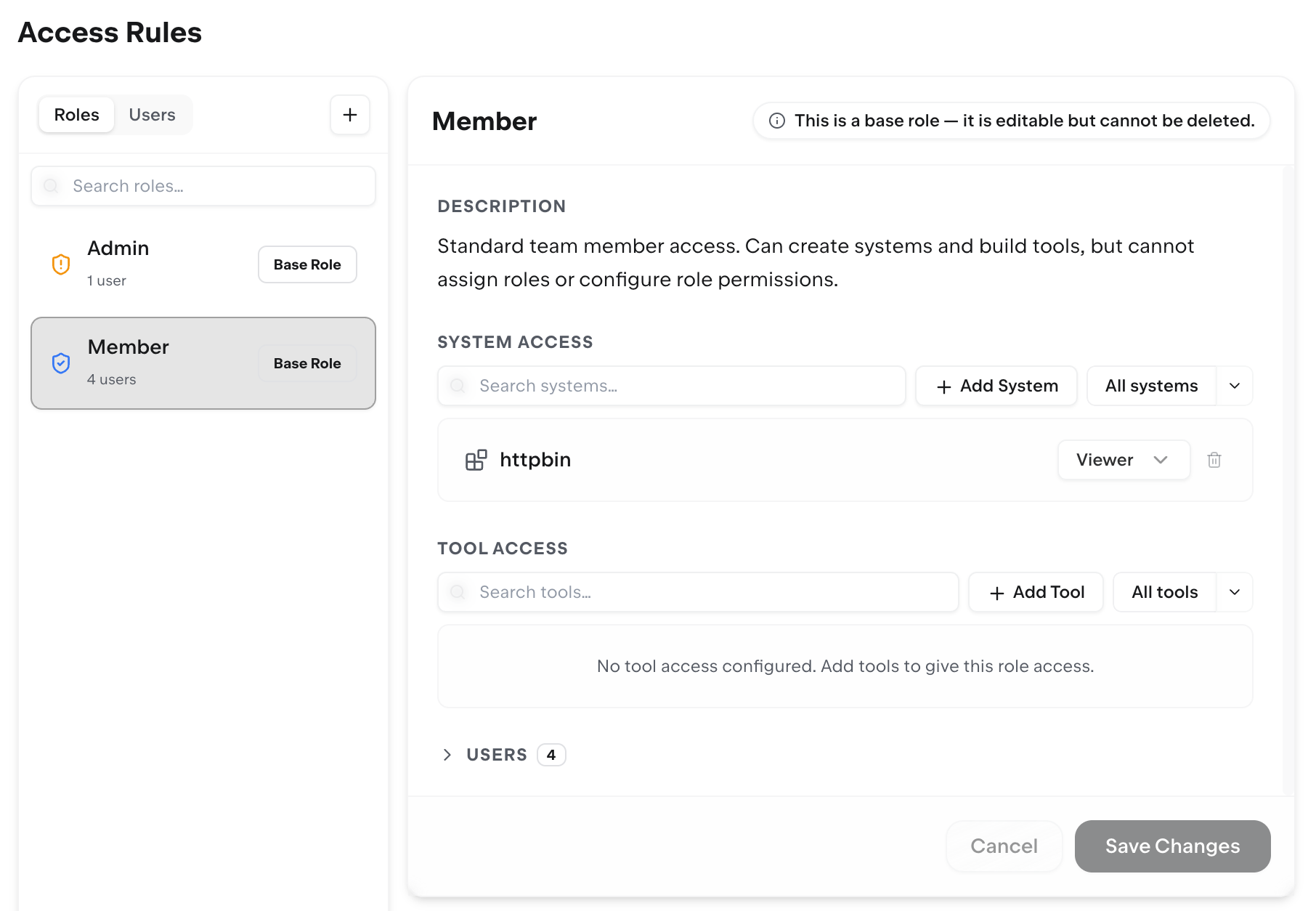 Access Rules showing role-level access to organization resources