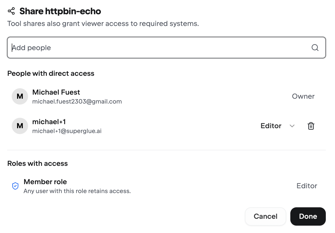 Share dialog showing direct, role-derived, and owner access