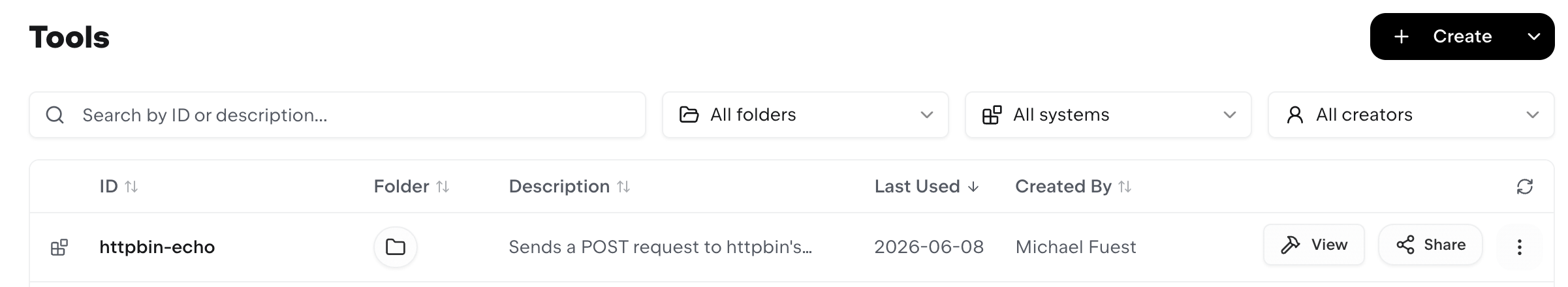 Tools list with the Share action