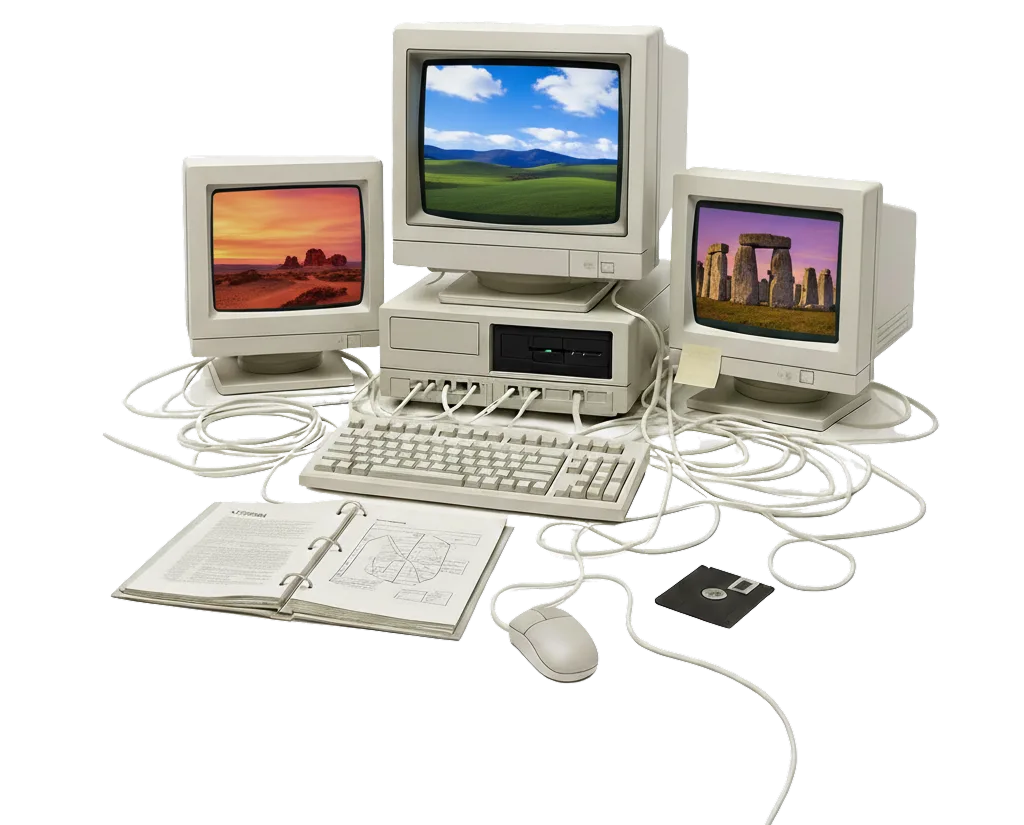 Vintage computers interconnected with cables